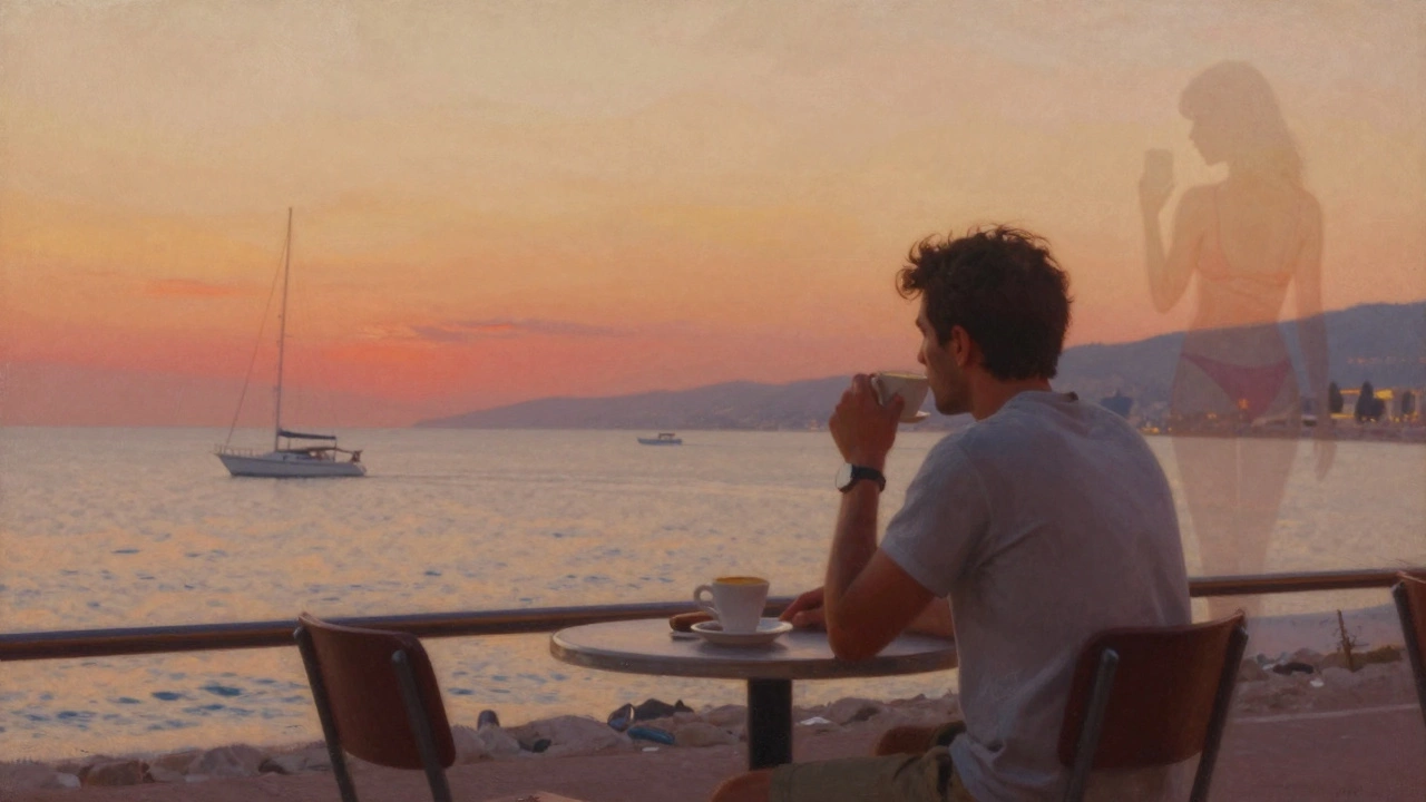 A traveler at a Cannes café at sunset, watching yachts, with a faint ghost image of an escort fading away.