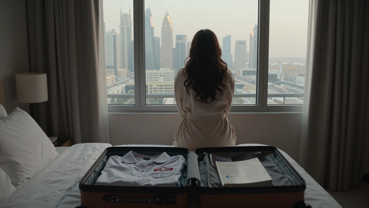 A woman looking out a window at dawn, nurse&#039;s uniform and passport on her bed.