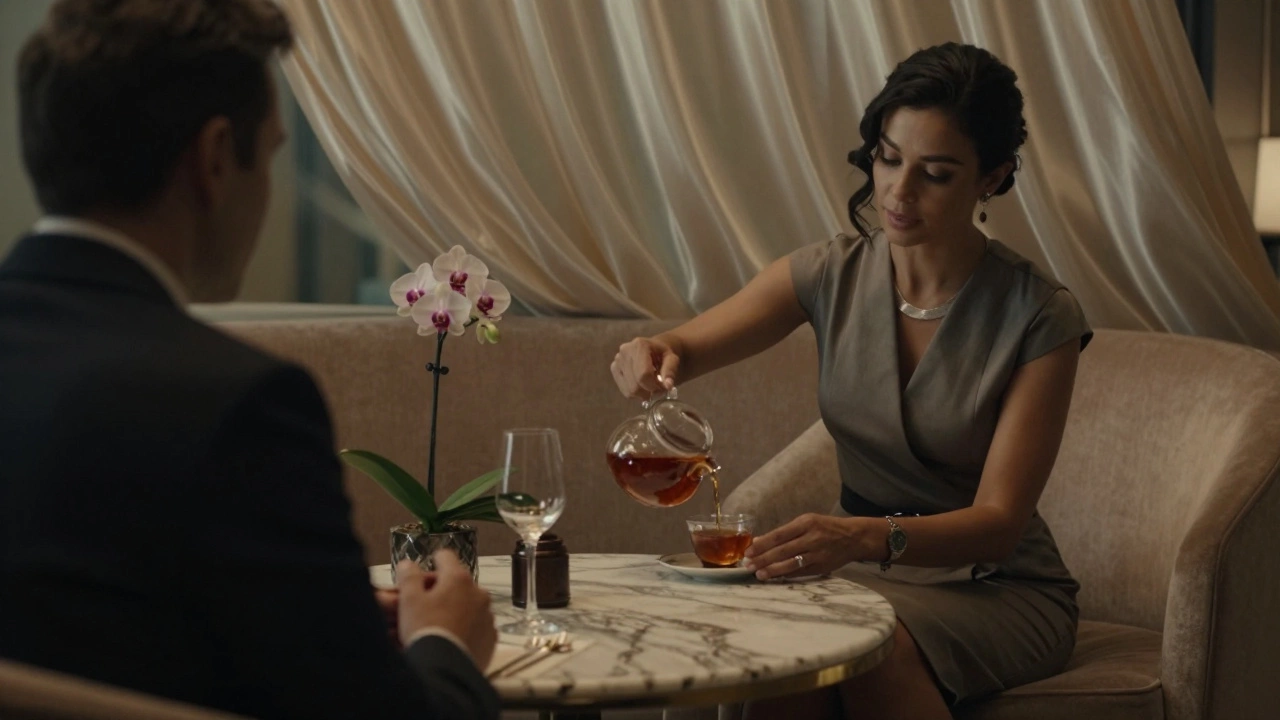 A woman serving tea to a client in a luxurious Dubai lounge with soft lighting.